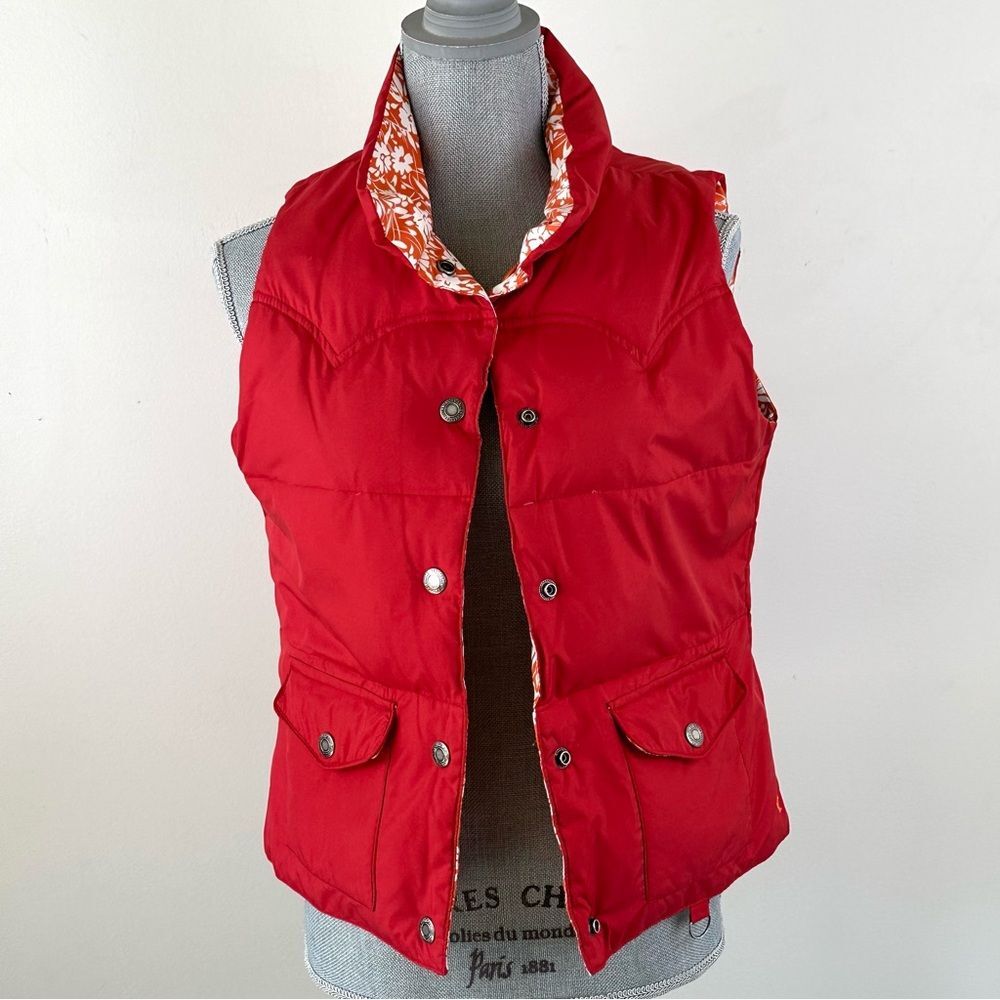 American Eagle Reversible Puffer Vest Women’s SZ M Red Orange White Floral Print